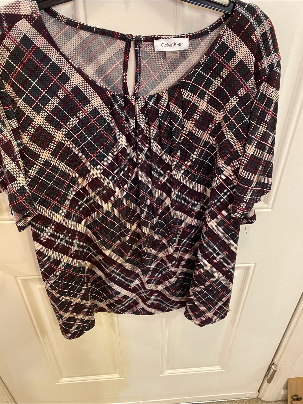 Calvin Klein Black Plaid Short-Sleeve Blouse with Cream and Burgundy Accents